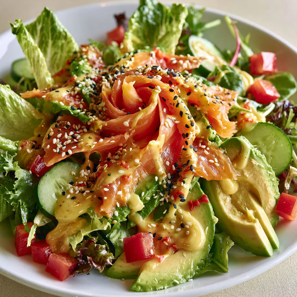 Un plat d'avocat et saumon fumé avec légumes croquants.