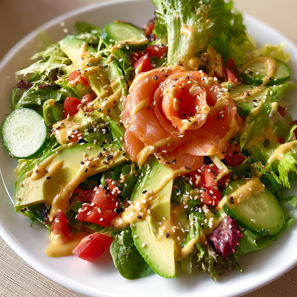 Salade Gourmande au Saumon Fumé, Avocat et Mayonnaise au Gingembre.