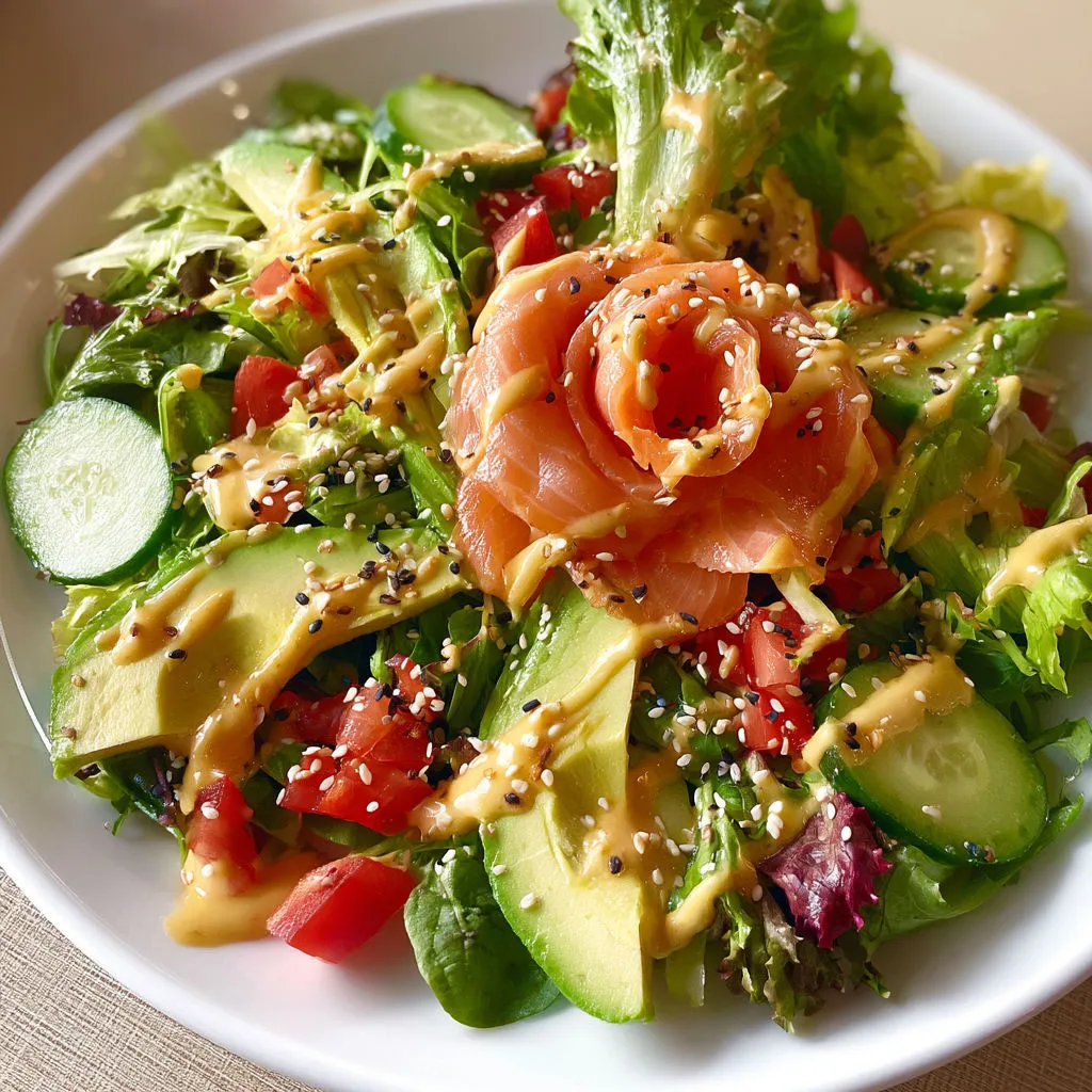 Salade Gourmande au Saumon Fumé, Avocat et Mayonnaise au Gingembre.