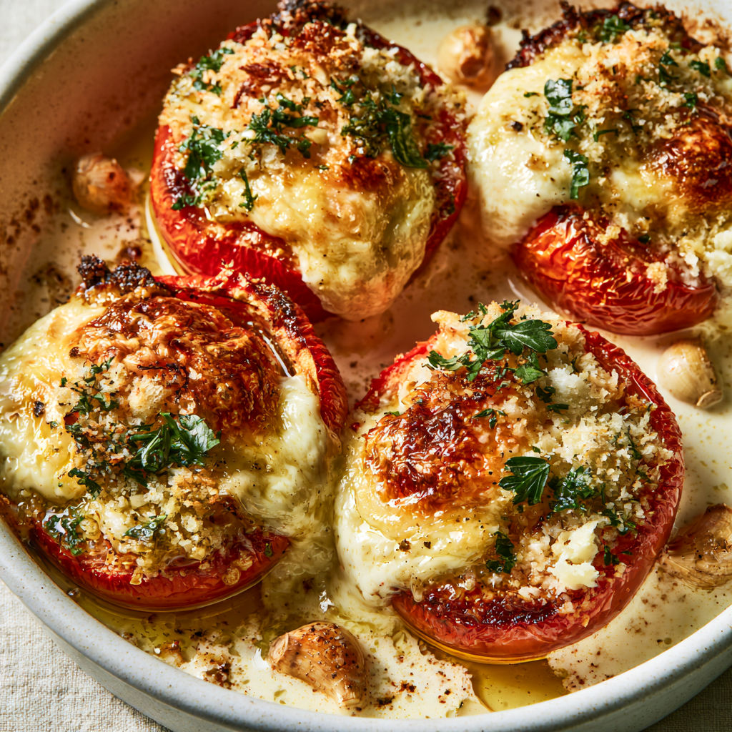 Tomates gratinées au four avec une sauce crémeuse et des herbes fraîches.