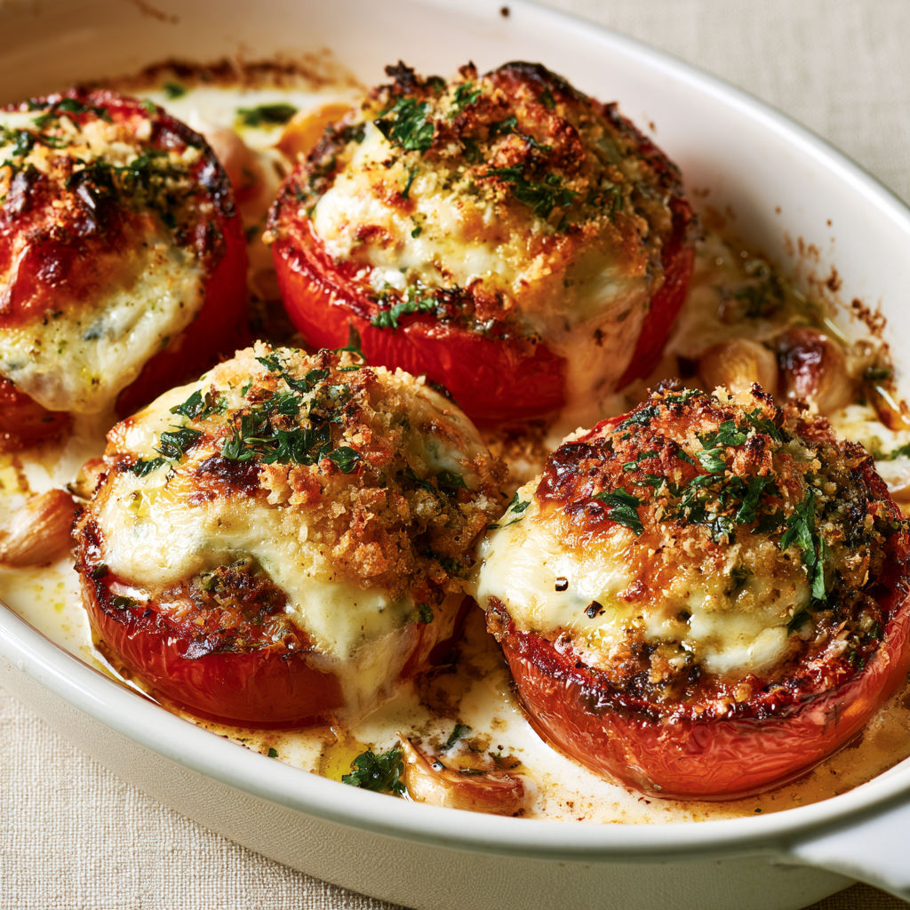 Tomates moelleuses au four, crème à l’ail et croûte dorée.