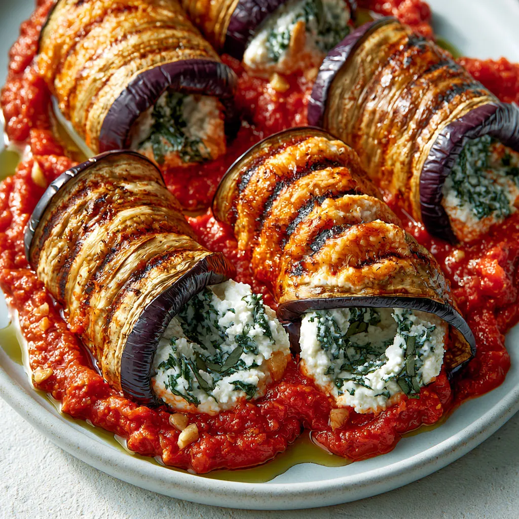 Aubergines fondantes roulées avec basilic et ricotta, soigneusement présentées.