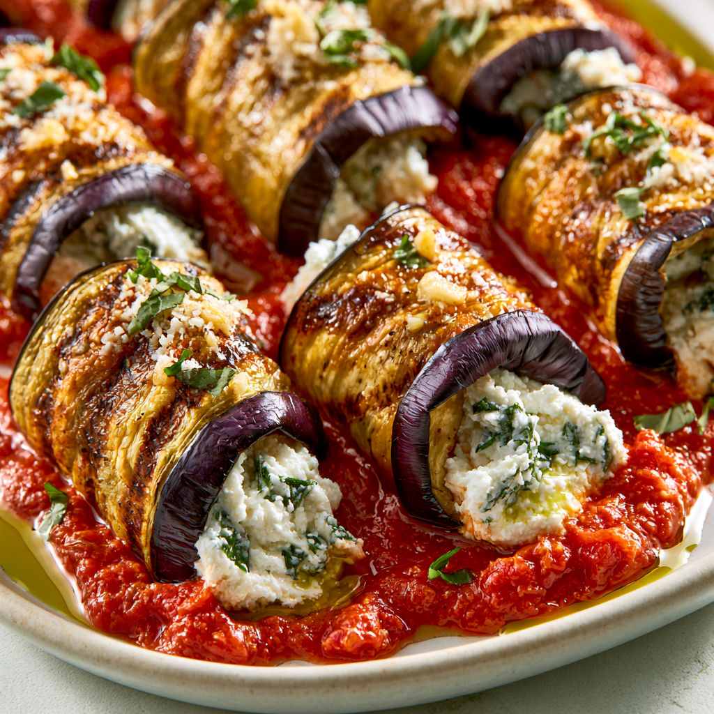 Plat d’aubergines roulées à la ricotta basilic coulis de tomate.