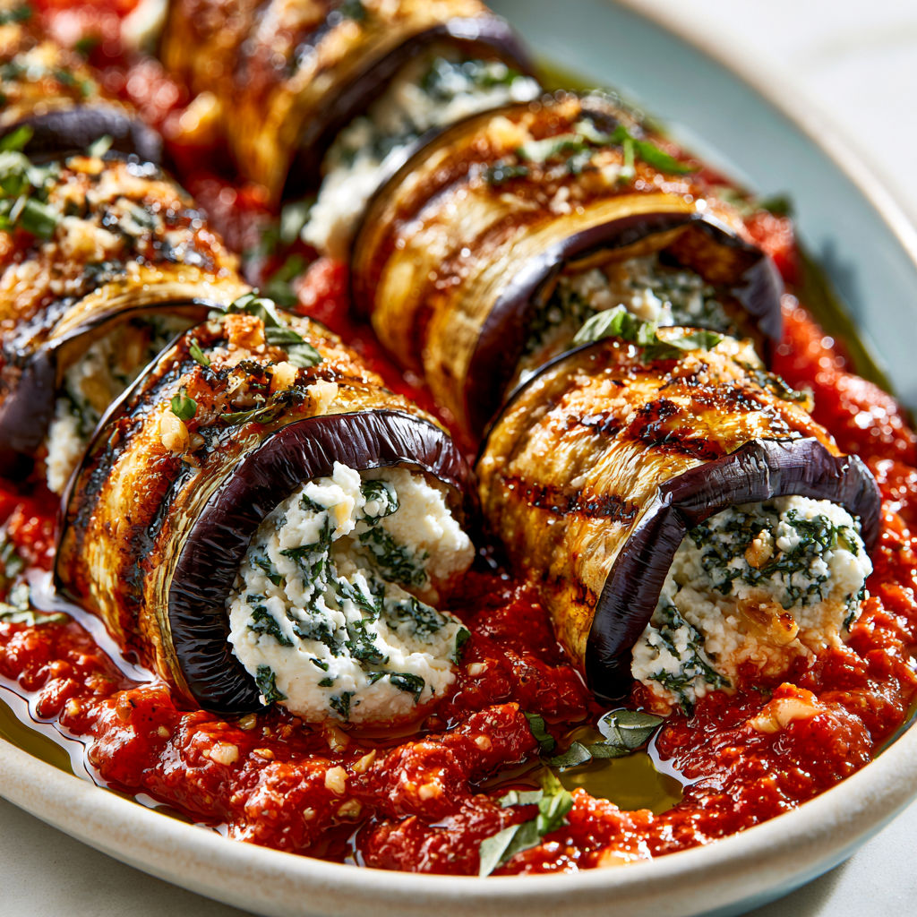 Aubergines roulées farcies ricotta parmesan gratinées au four.