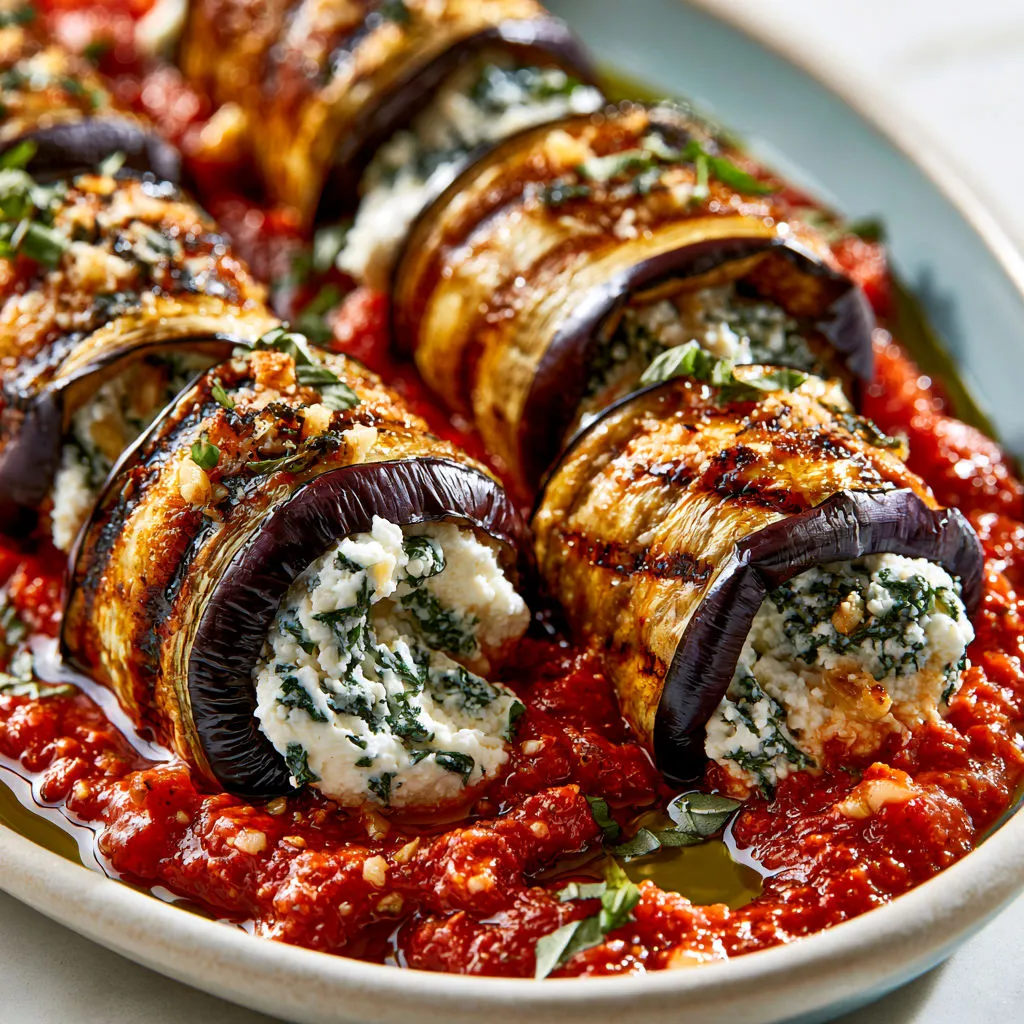 Aubergines roulées farcies ricotta parmesan gratinées au four.
