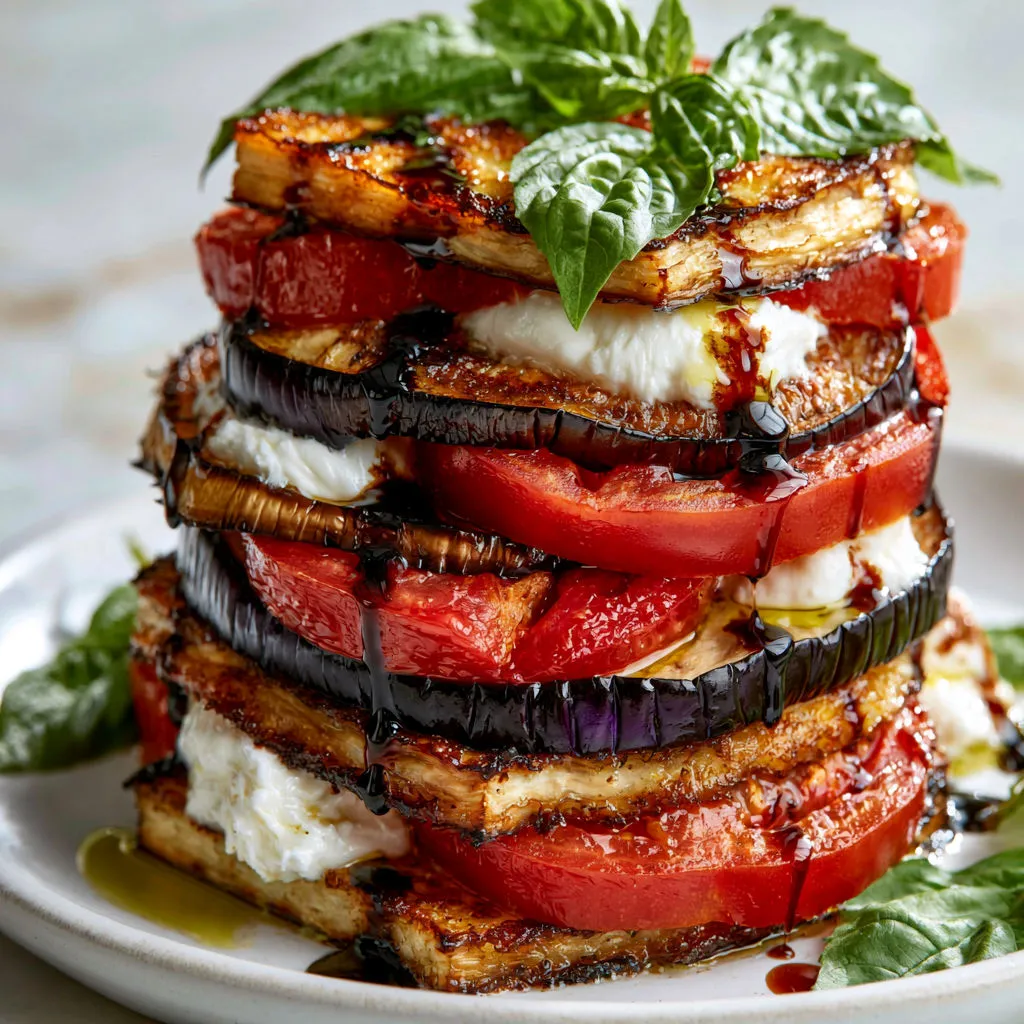 Tranches d'aubergines grillées empilées avec tomate et burrata, nappées de balsamique.