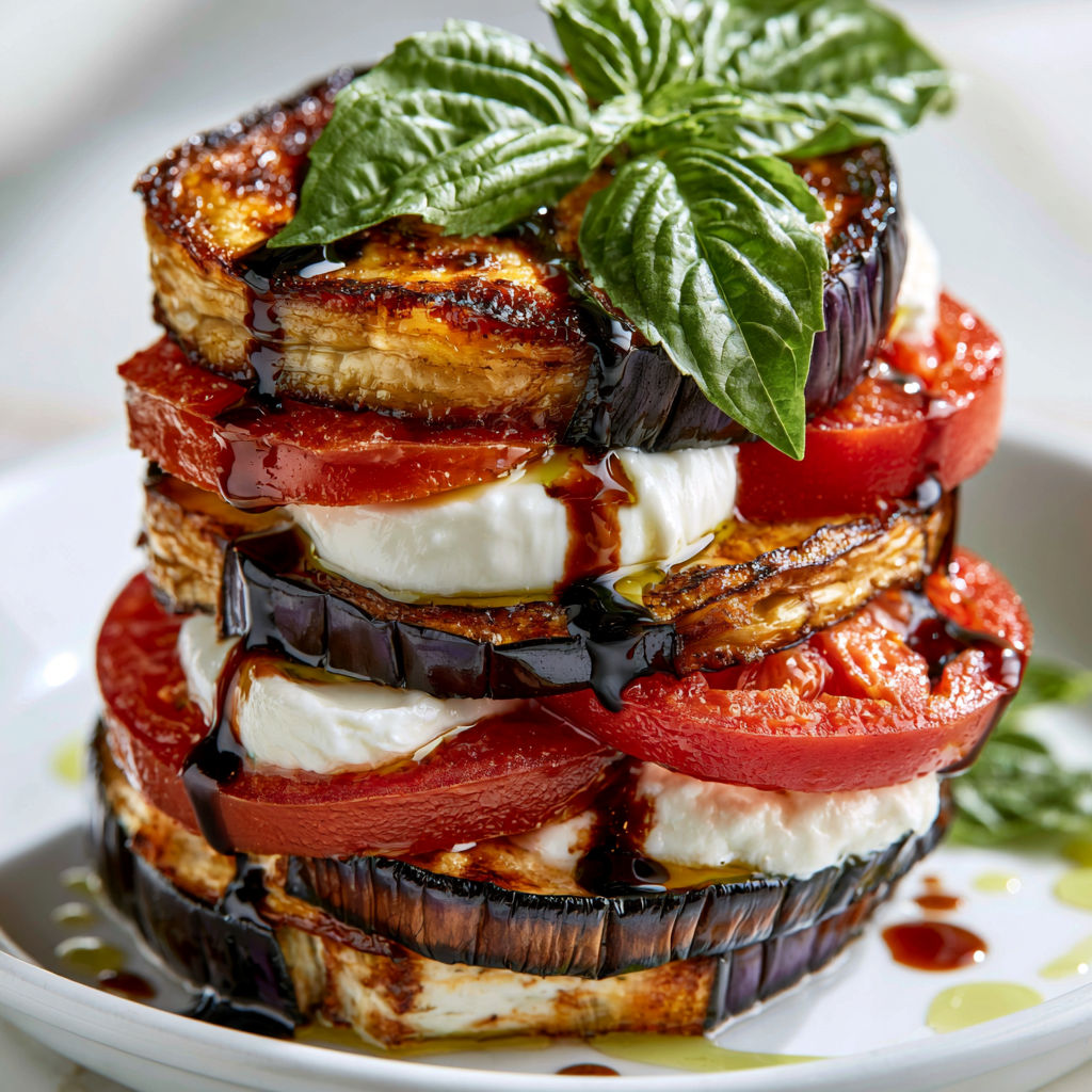 Millefeuille Méditerranéen avec Aubergines Fondantes et Burrata.