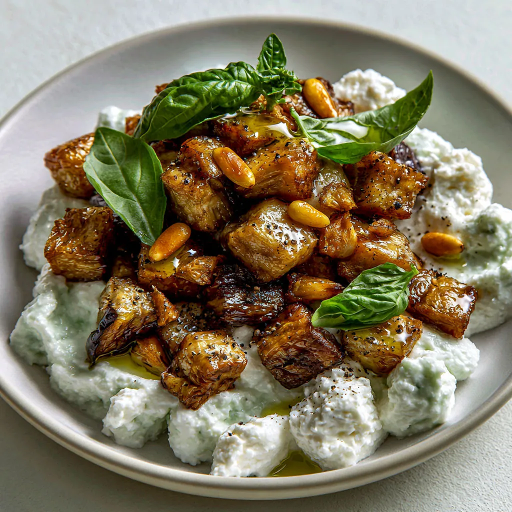 Mousse légère à la feta, basilic et aubergines tendres.