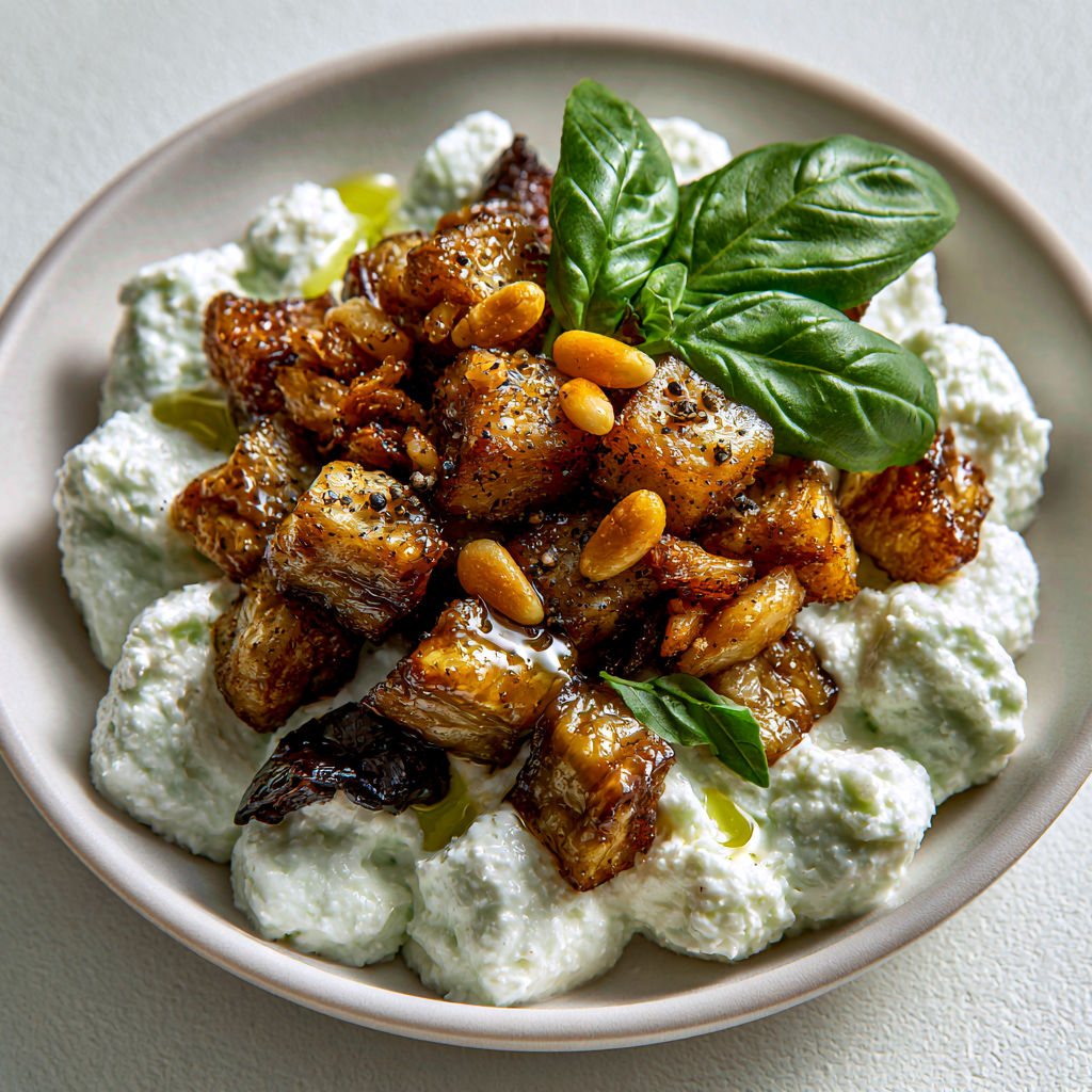 Mousse feta basilic aux aubergines dorées.