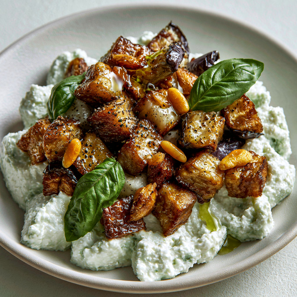 Feta onctueuse aux aubergines et pignons croquants.
