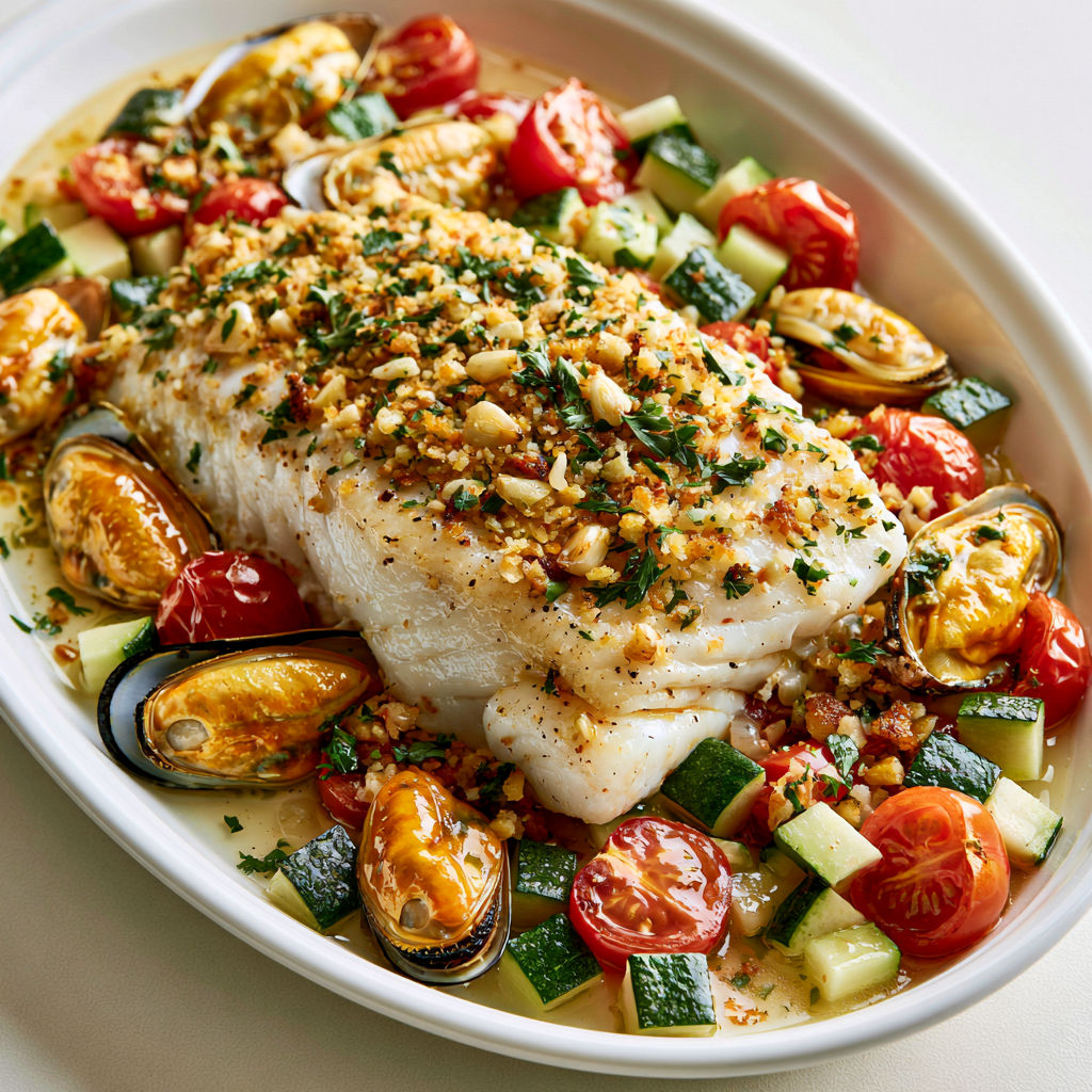 Un délicieux plat de poisson assorti de moules et légumes estivaux, sublimé d'herbes fraîches.