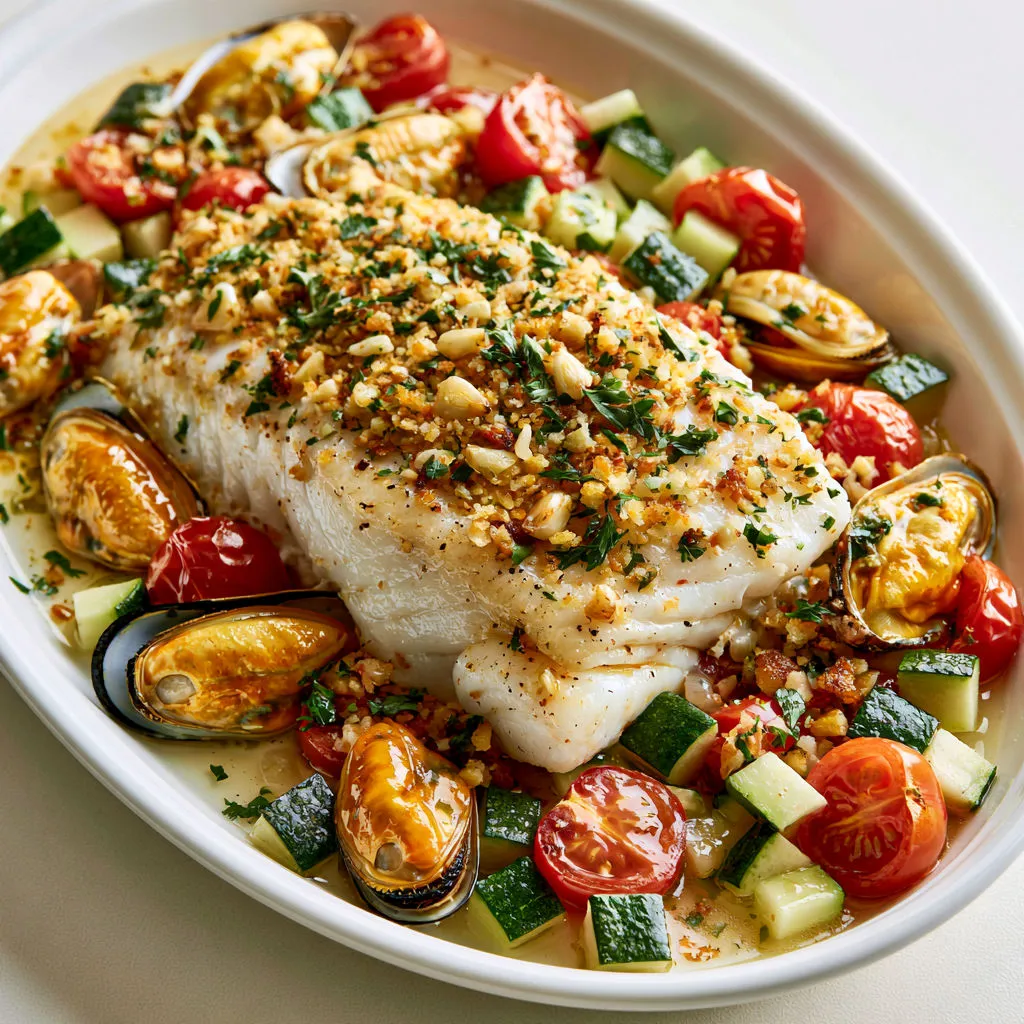 Un délicieux plat de poisson assorti de moules et légumes estivaux, sublimé d'herbes fraîches.