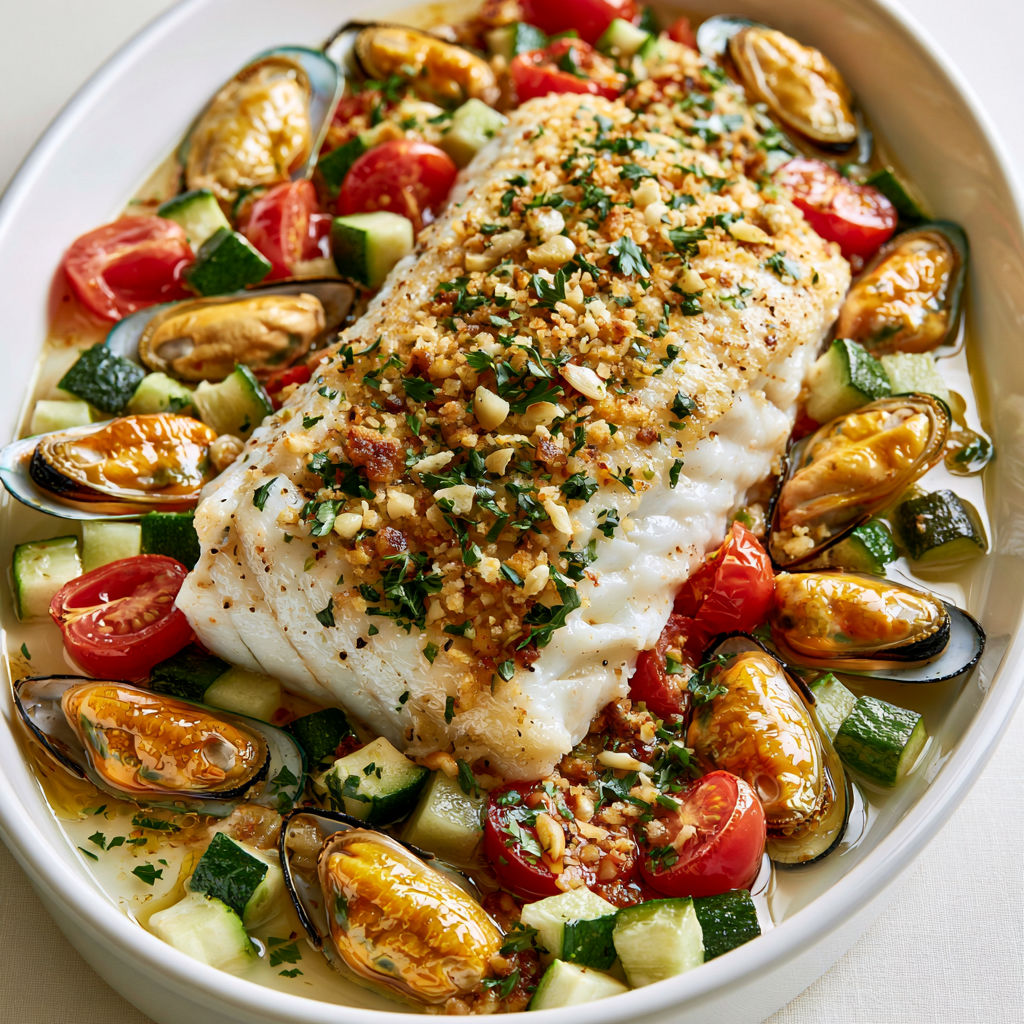 Colin, moules, courgettes et tomates cerises dans un plat gourmand