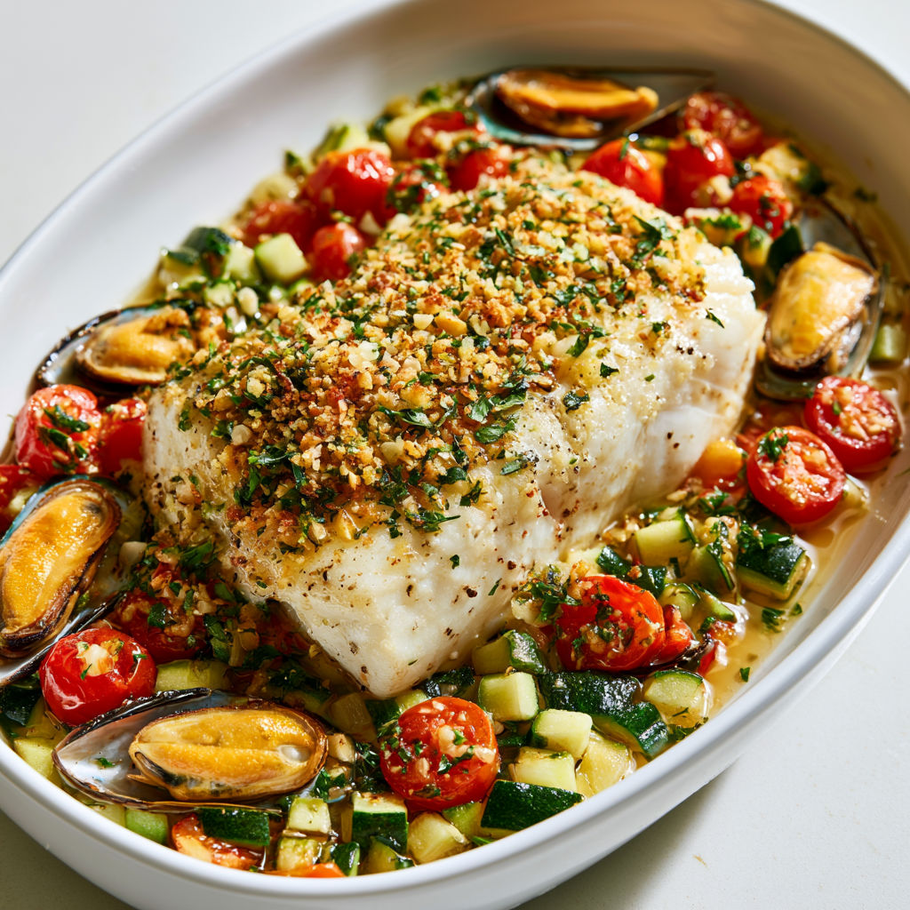 Poisson, moules, courgettes et tomates un vrai bonheur d’été.