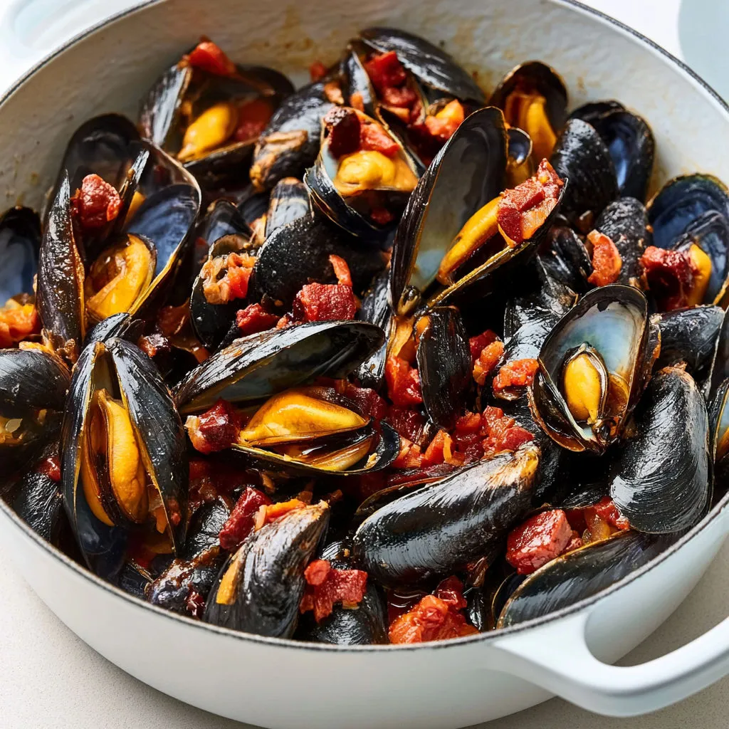 Assiette de moules avec chorizo épicé.