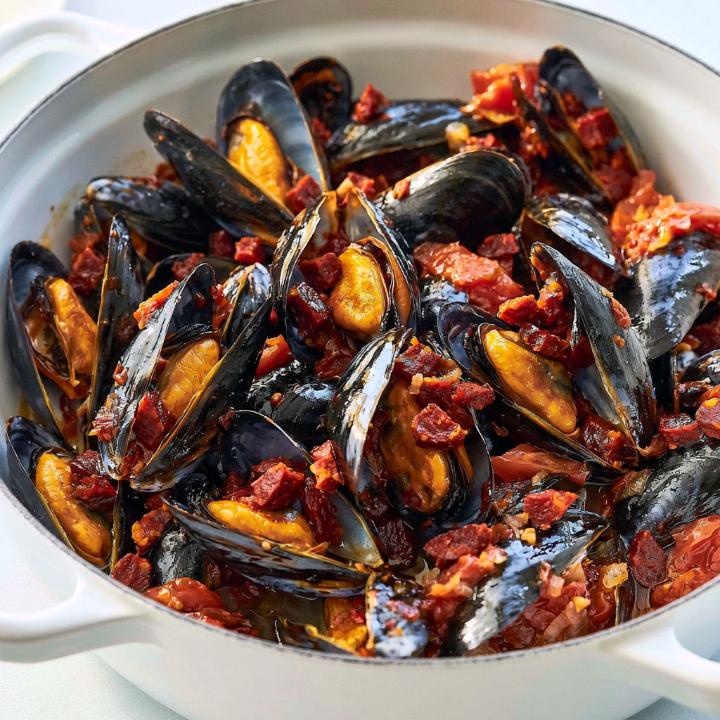 Une cocotte de moules au chorizo et piment d'Espelette.