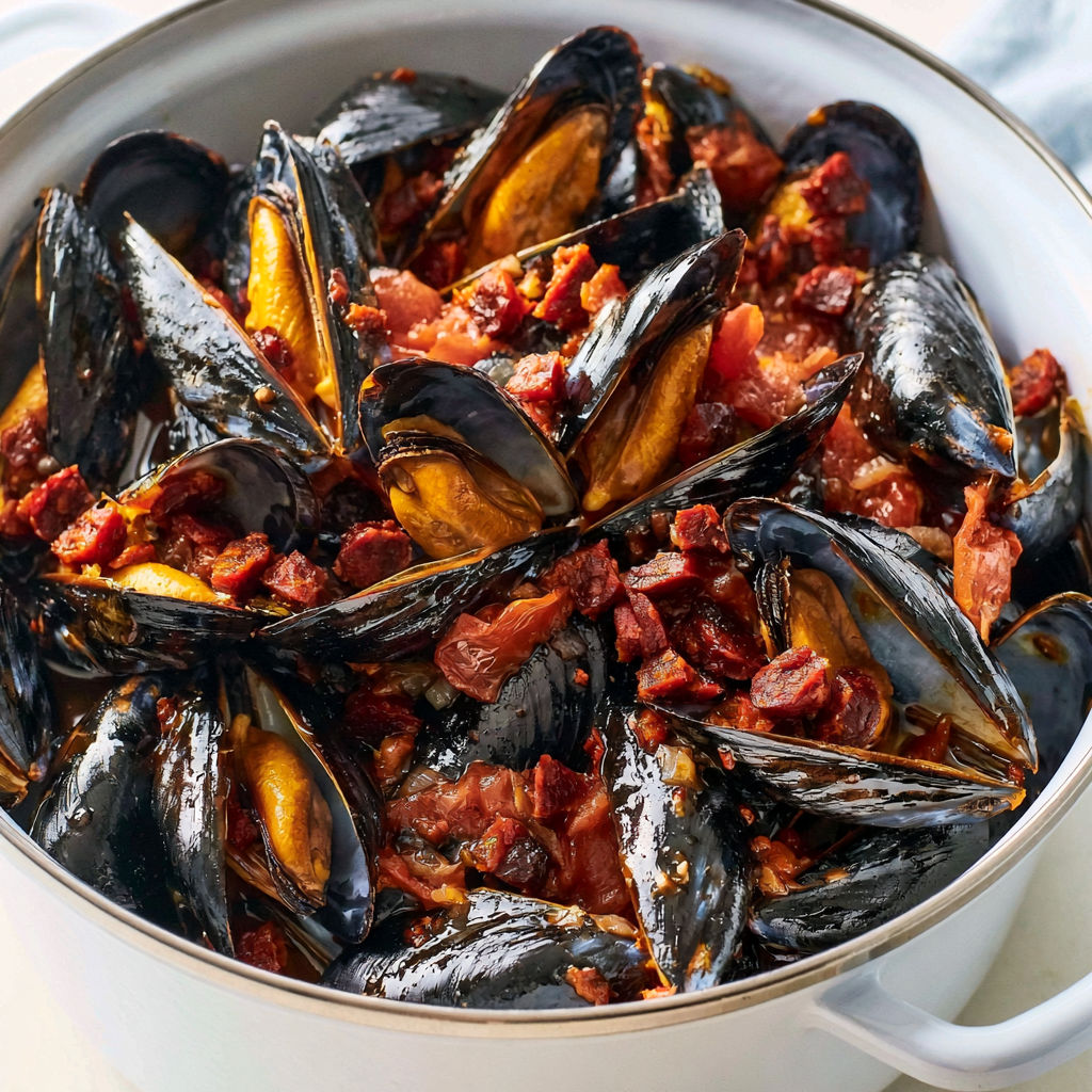 Une cocotte de moules au chorizo épicées prêtes en quelques minutes.