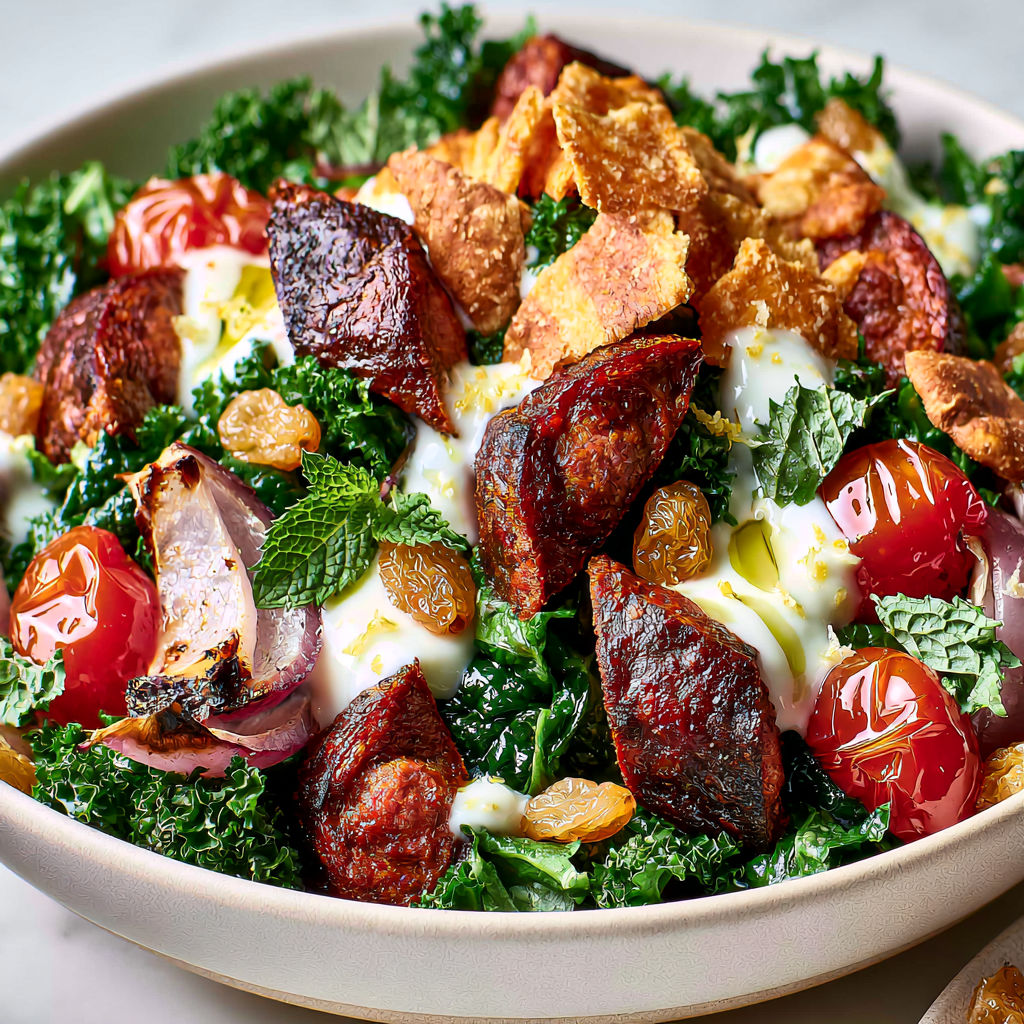 Plat savoureux avec merguez et kale grillés dans une assiette estivale rapide.