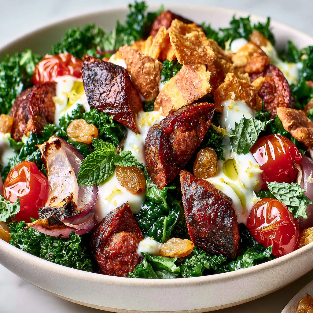 Plat savoureux avec merguez et kale grillés dans une assiette estivale rapide.