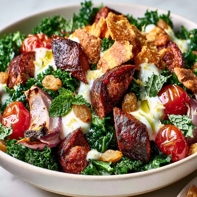 Plat savoureux avec merguez et kale grillés dans une assiette estivale rapide.
