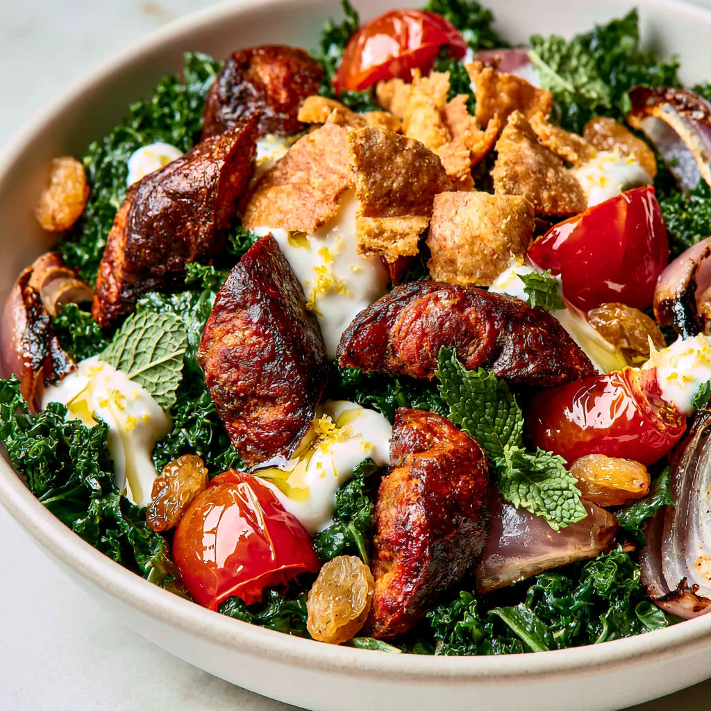 Bol de merguez grillées et kale cuit à l’air fryer, copieux et prêt en un rien de temps.