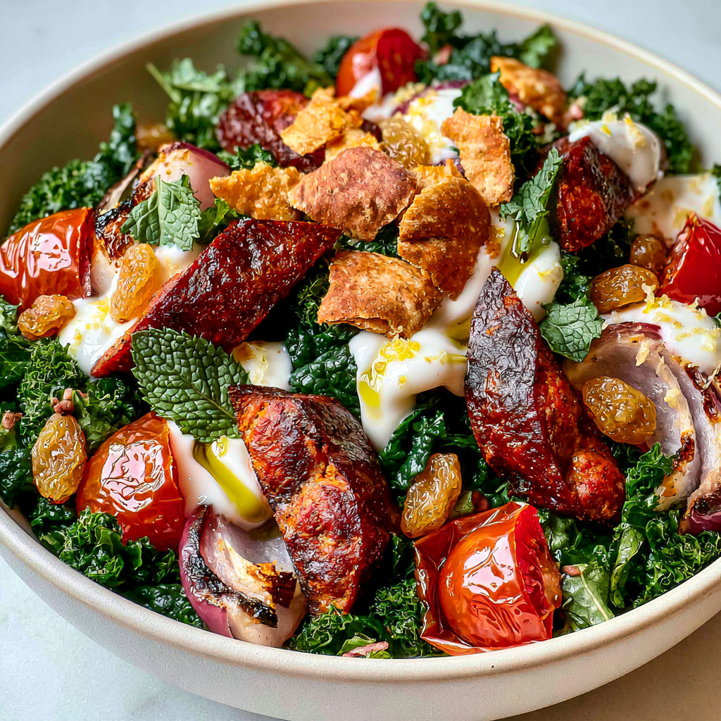 Merguez grillées, kale et tomates rôties : une salade qu’on n’oublie pas.