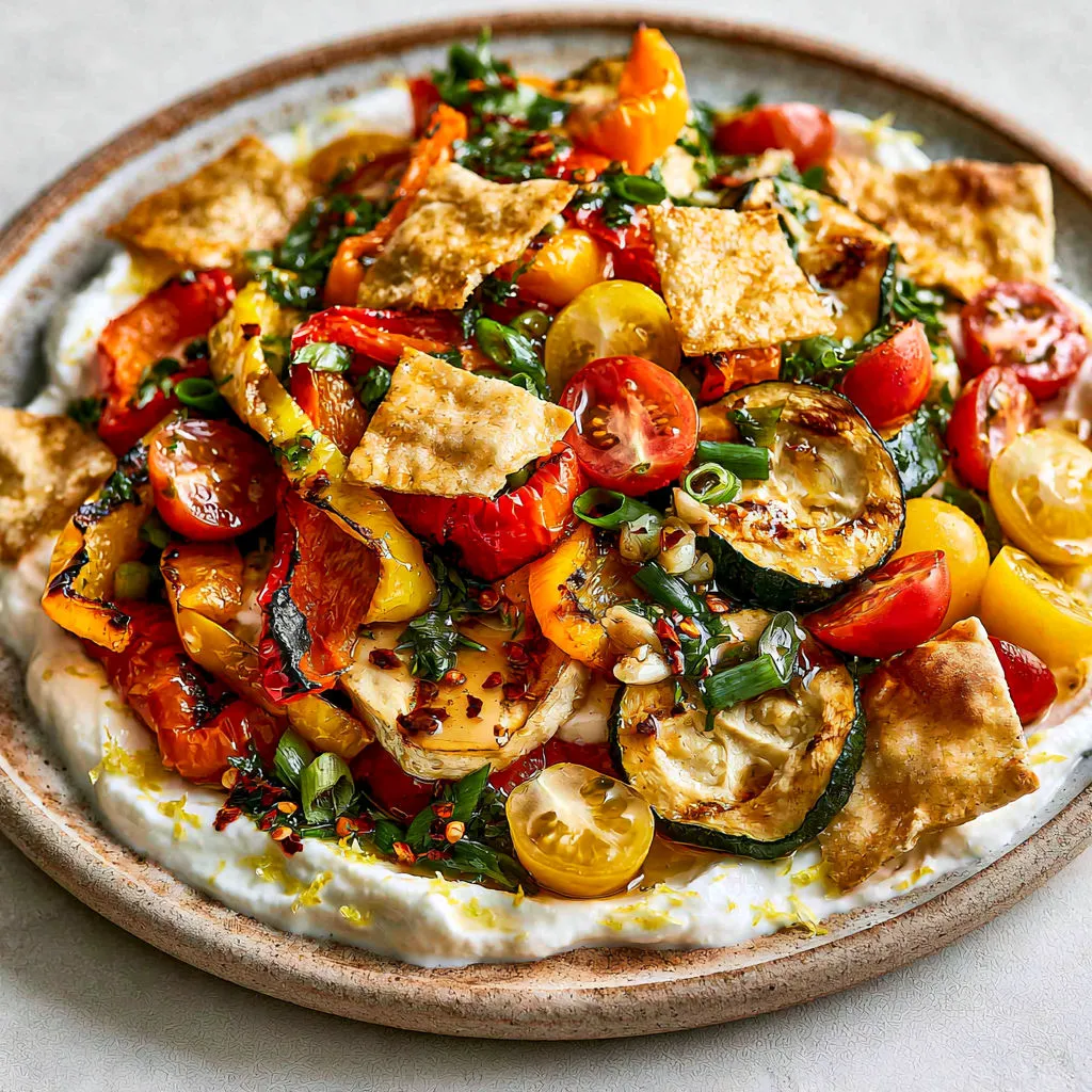 Des courgettes et poivrons dorés avec des tomates, dressés simplement mais élégamment.