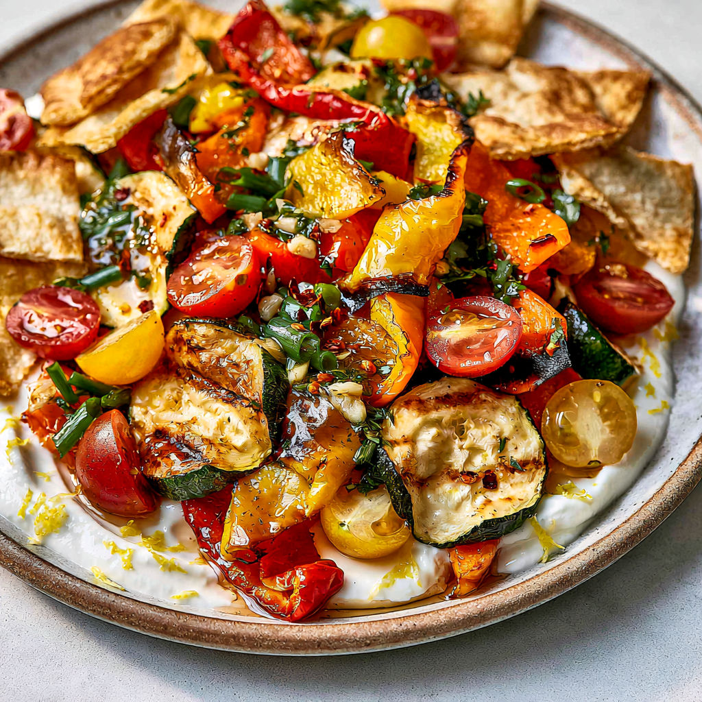 Salade toute en couleurs avec poivrons grillés, courgettes et yaourt au citron.