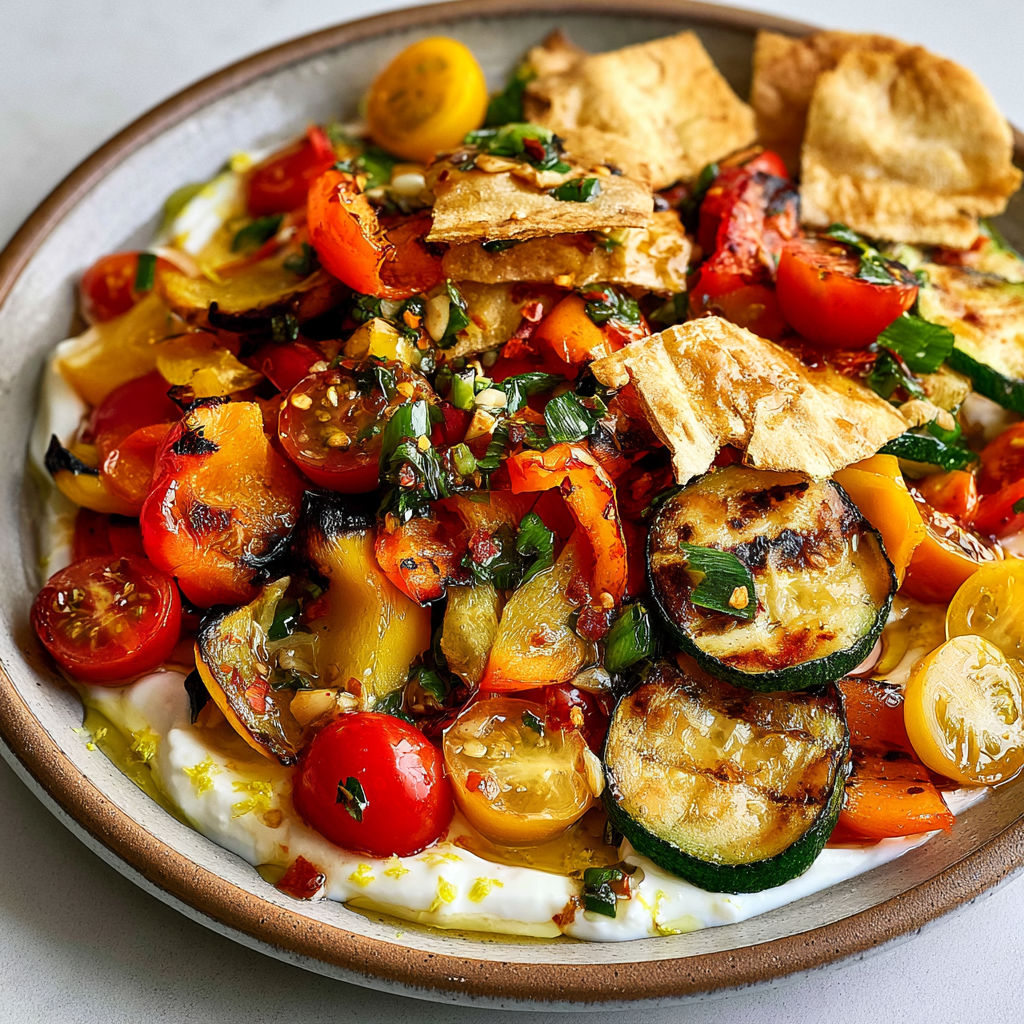 Poivrons rôtis et courgettes avec yaourt citronné, une salade pleine de fraîcheur et très gourmande.
