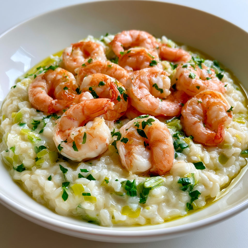 Plat de crevettes avec poireaux et riz crémeux au lait de coco.
