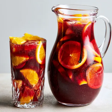 Un grand verre plein de sangria d'inspiration espagnole et de fruits frais.