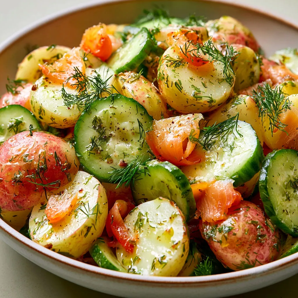 Un bol de salade composée avec pommes de terre et truite fumée.
