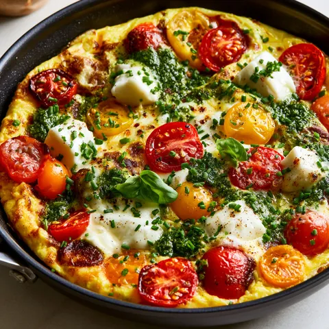 Omelette gourmande avec tomates, mozza et pesto