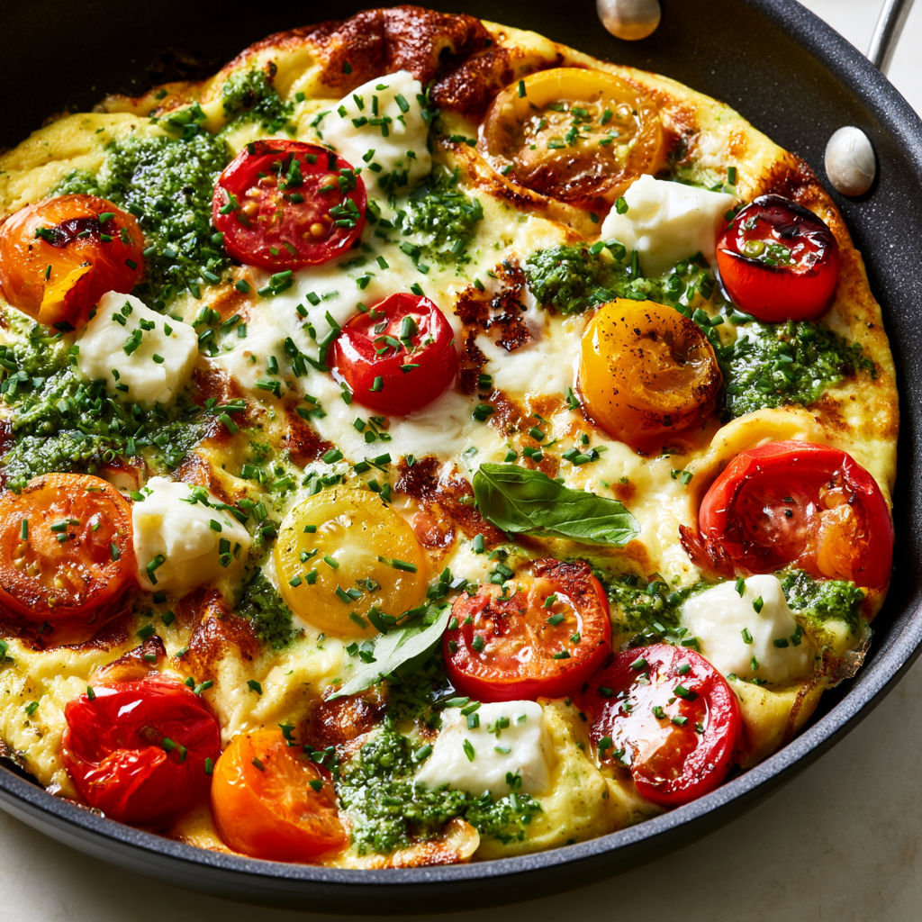 Omelette aux tomates, mozzarella et pesto toute fondante, prête en un rien de temps.