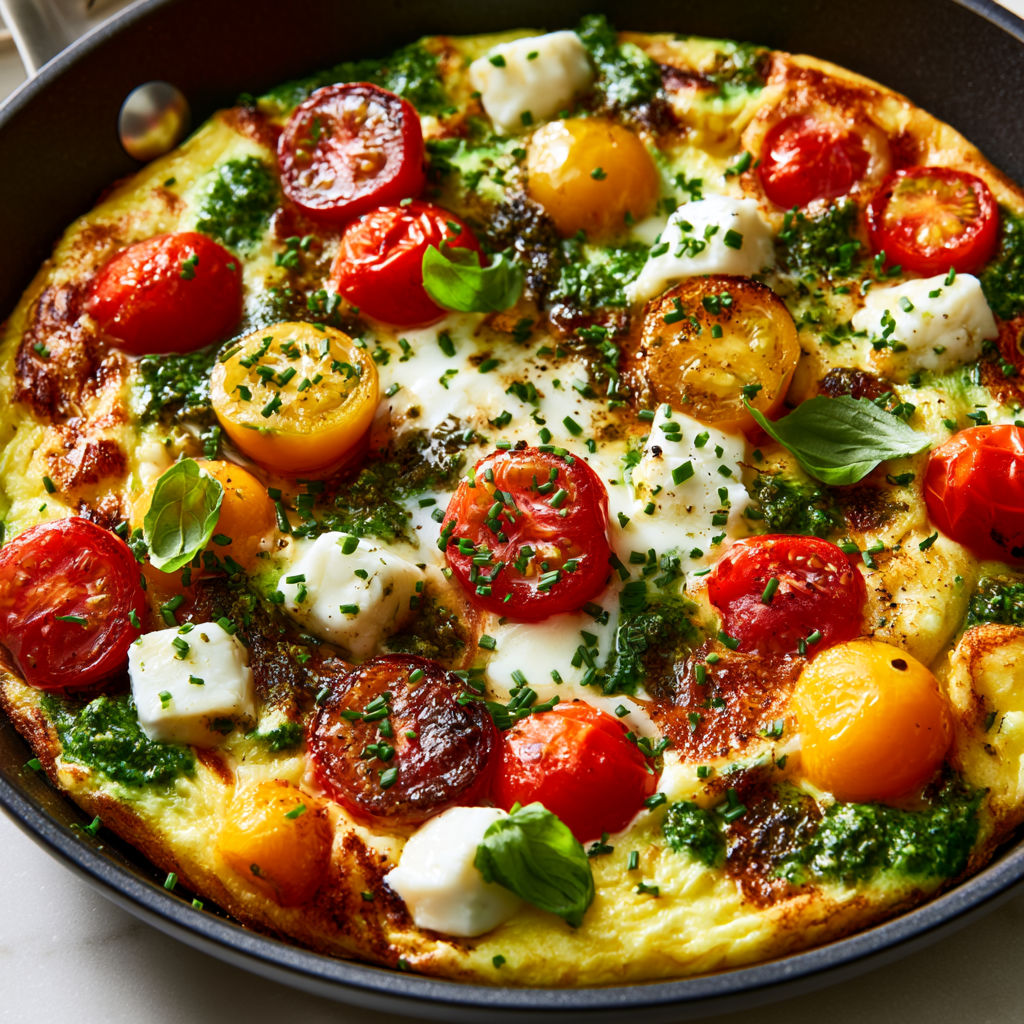 Cette omelette hyper fondante au pesto et mozzarella, parfaite pour les beaux jours.