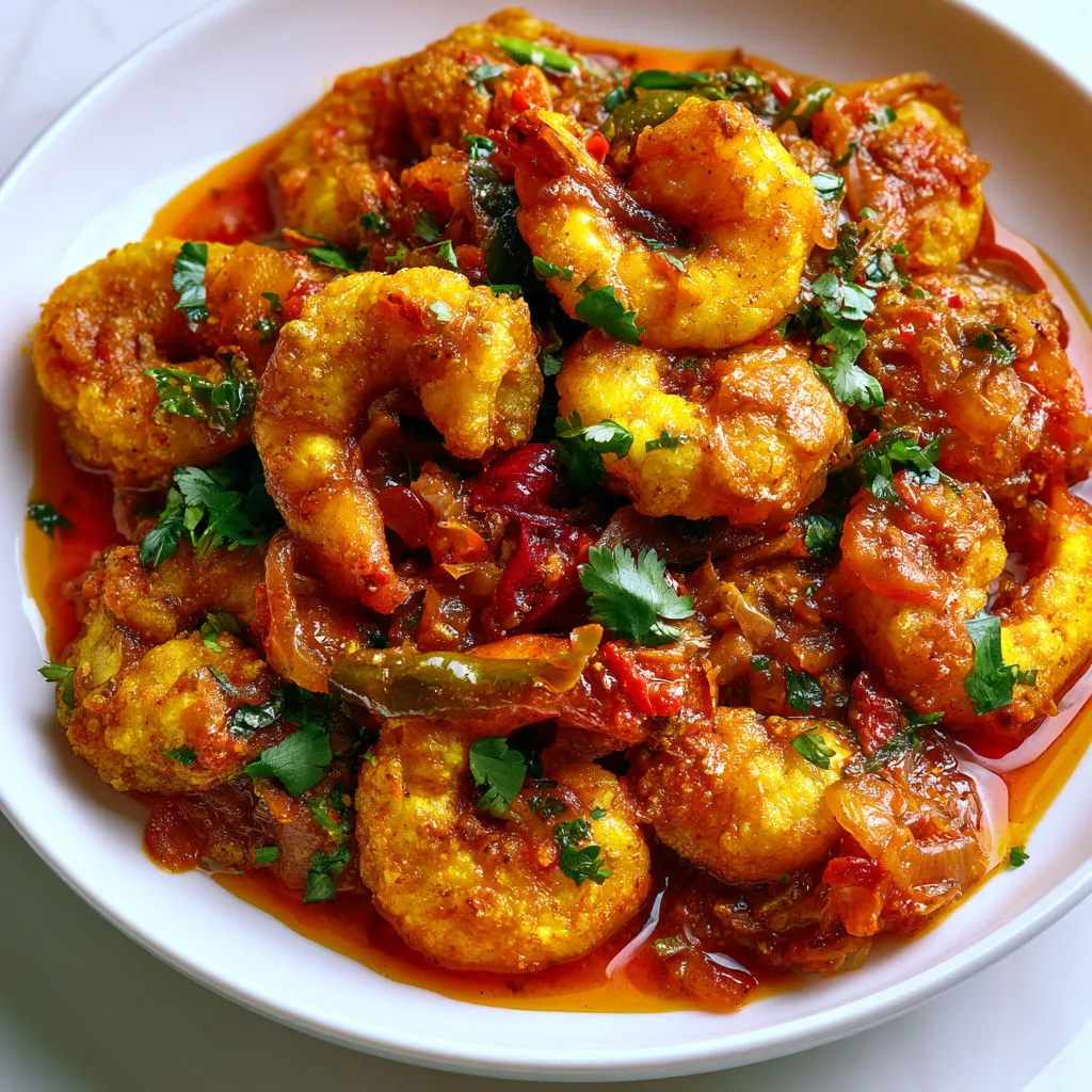 Plat épicé de crevettes Malaisienne servi avec sauce.