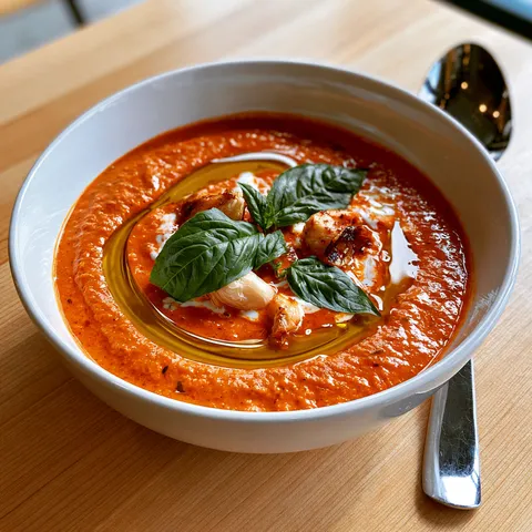 Un bol en porcelaine contenant une soupe onctueuse de tomates au four et ail confit.