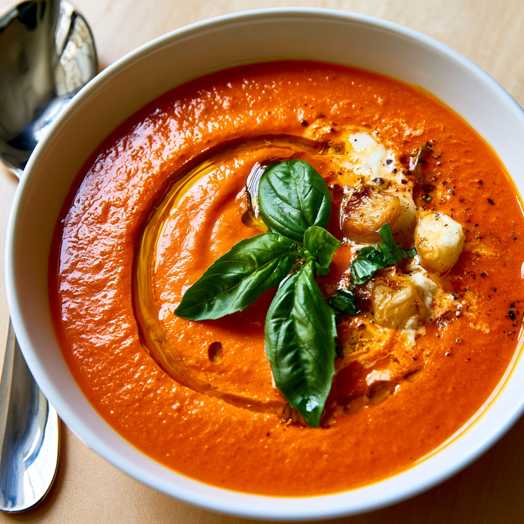 Tomates au four, ail fondant et crème pour un velouté express et savoureux.