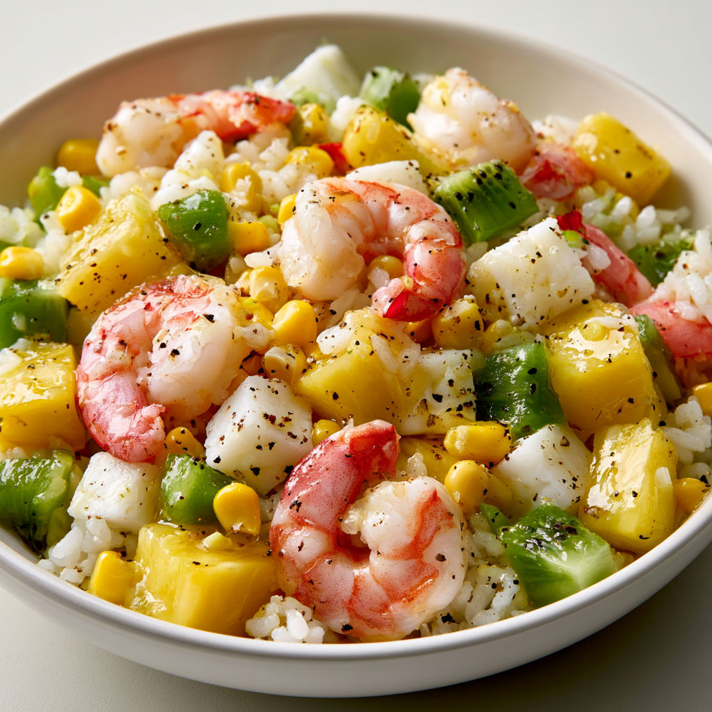 Salade colorée hawaïenne avec crevettes, kiwi, ananas et maïs.