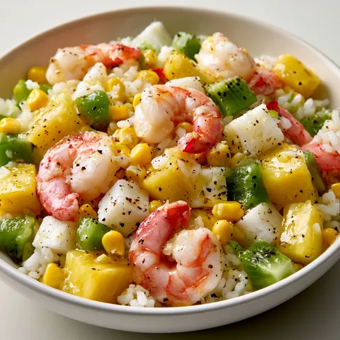 Salade colorée hawaïenne avec crevettes, kiwi, ananas et maïs.