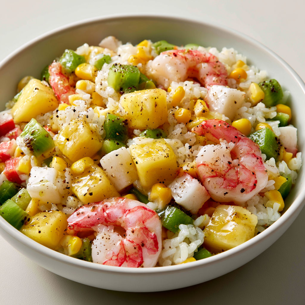 Salade hawaïenne avec crevettes, ananas, riz et kiwi.