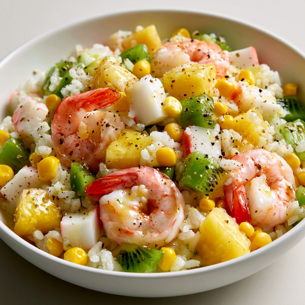 Plat hawaïen avec riz, crevettes, surimi et fruits acidulés.