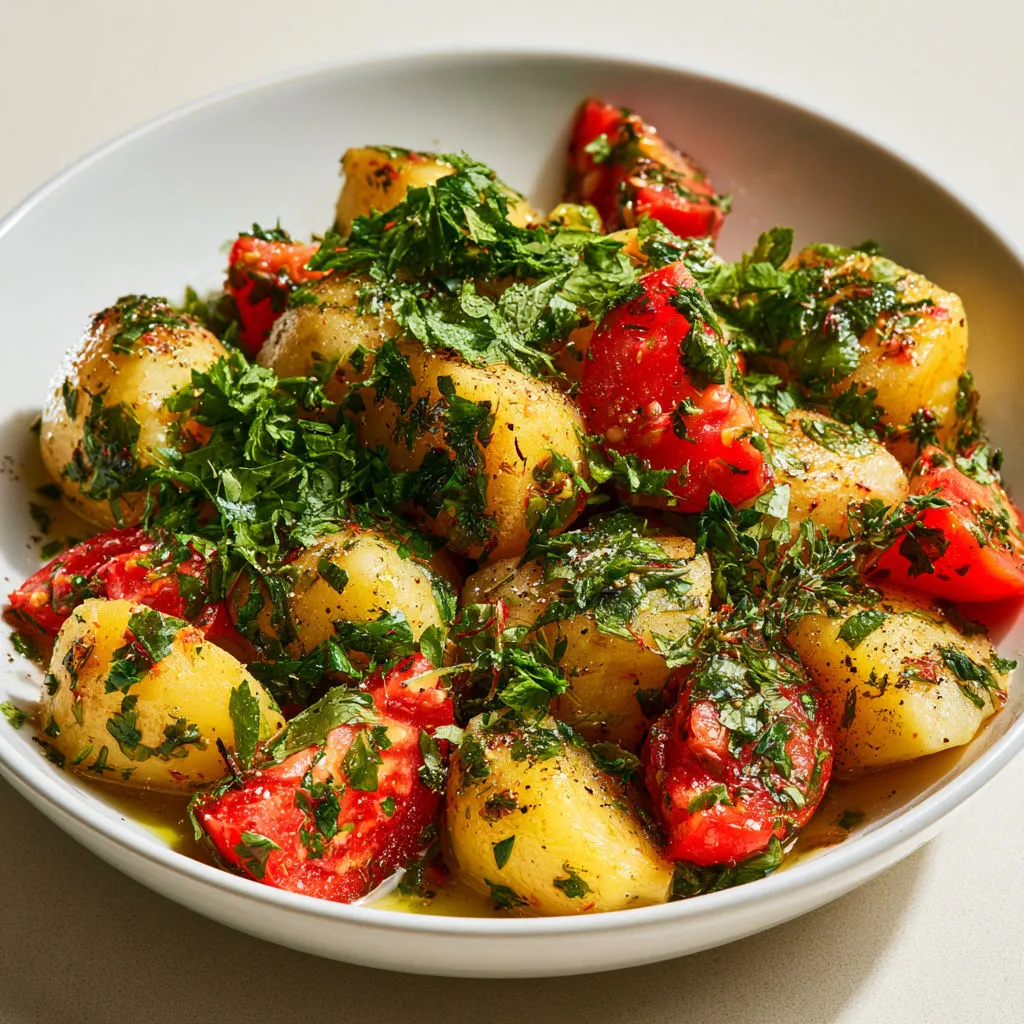 Des pommes de terre avec des herbes fraîches et une sauce citronnée servies dans un joli bol.