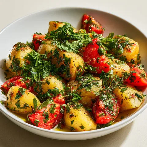 Des pommes de terre avec des herbes fraîches et une sauce citronnée servies dans un joli bol.