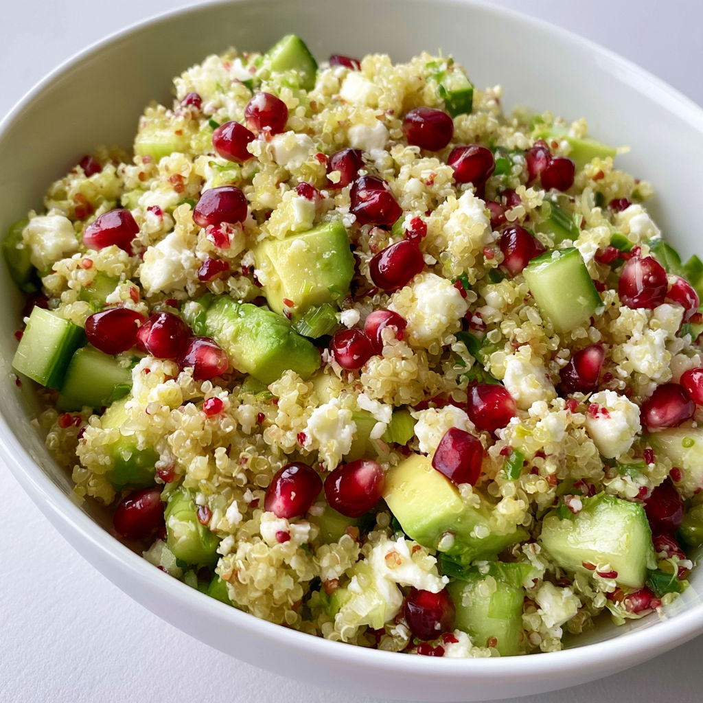 Bol de quinoa, avocat, feta, concombre et grenade bien frais.