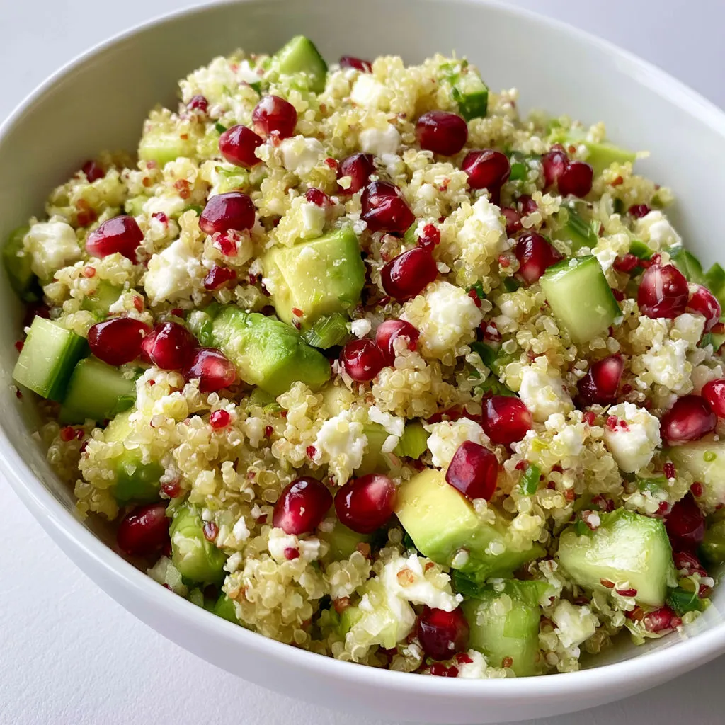 Bol de quinoa, avocat, feta, concombre et grenade bien frais.