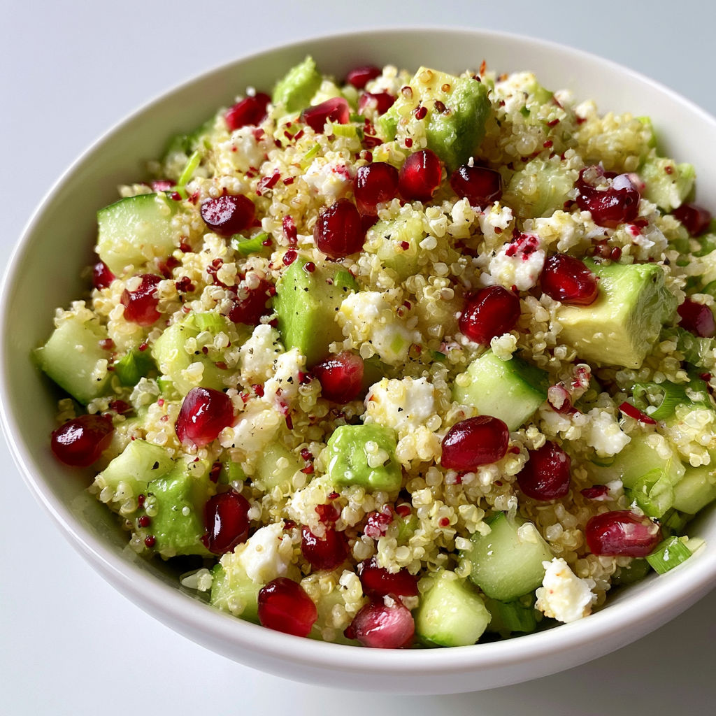 Bol de quinoa coloré avec feta, avocat et grenade bien frais.