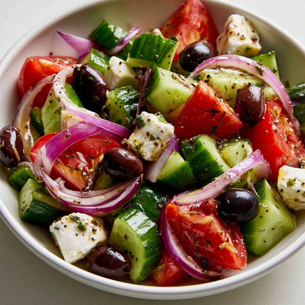 Un bol rempli de salade grecque avec tomates, concombres et feta.