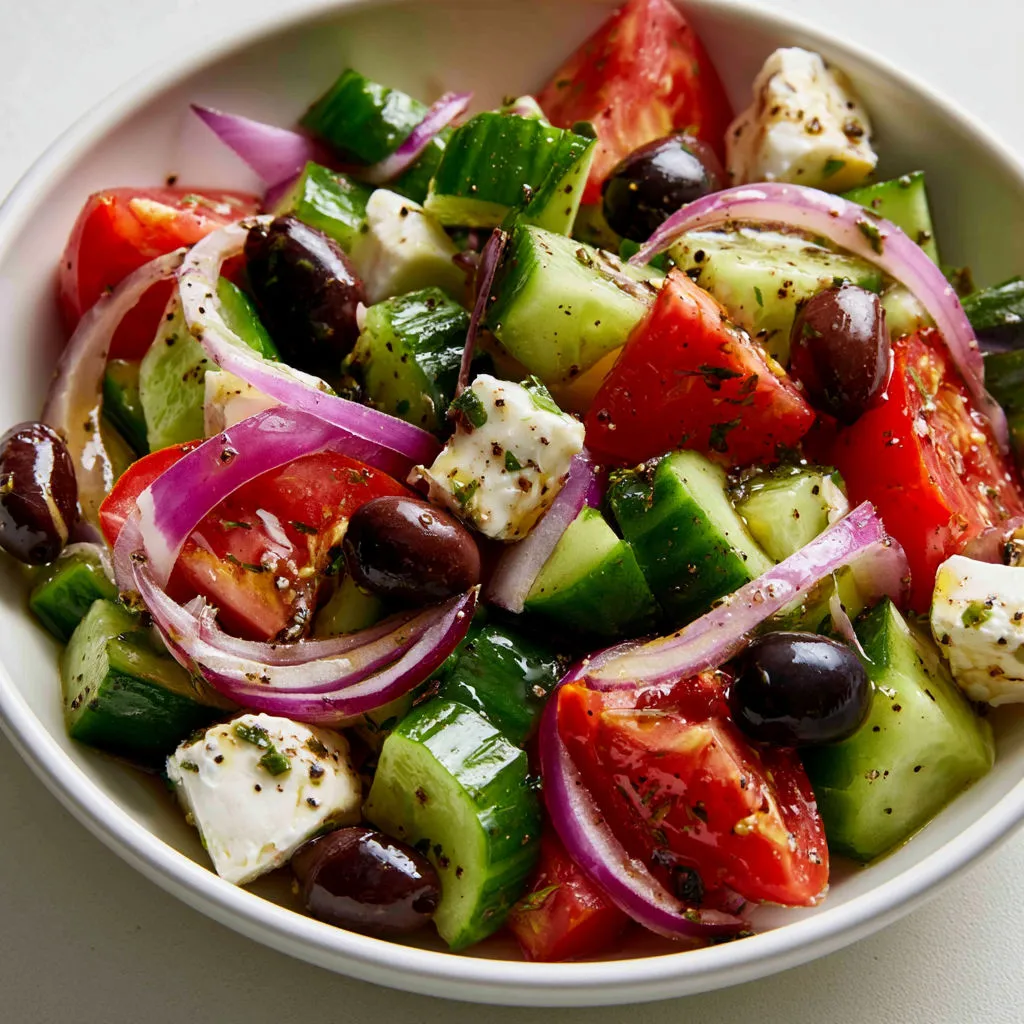 Un bol rempli de salade grecque avec tomates, concombres et feta.