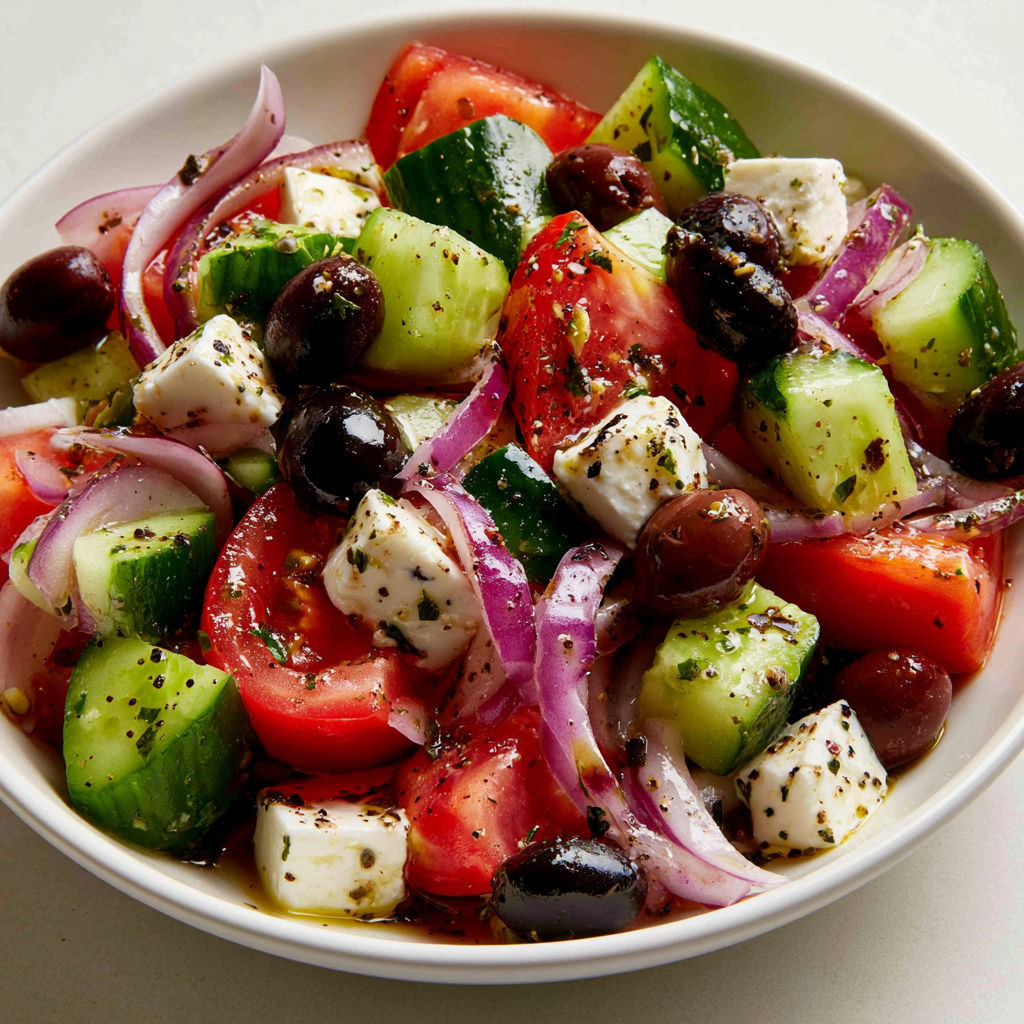 Feta, tomates, concombre et olives dans une salade comme en Grèce.